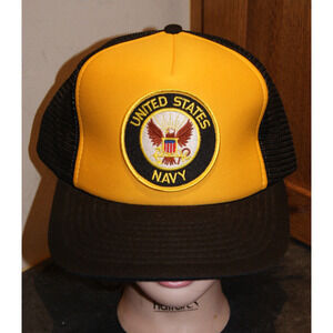 VTG United States Navy Patch Black Gold Trucker Hat Cap Mesh Snapback NOS NEW